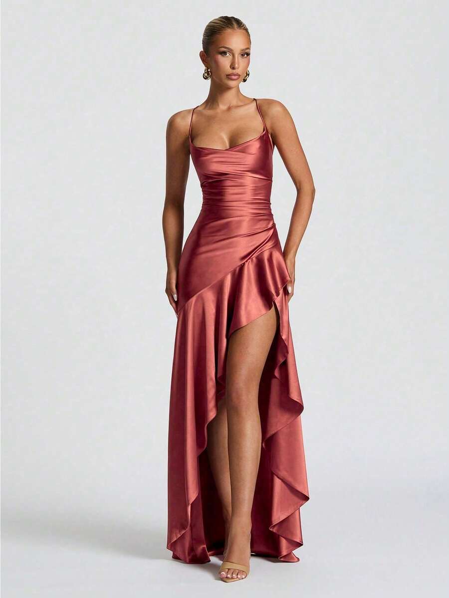 UV26 Women's Elegant Satin Tie-Up Ruffle Slit Cami Dress, Made Of High ...