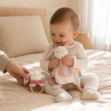 2pcs Cute Rabbit Baby Soothing Toy Set, Soft Plush Rabbit Comfort Blanket And Wooden Ring Rabbit Rattle, Baby Sensory Soothing Toys, Perfect Gift For Newborn Baptism - Multicolor - View 7