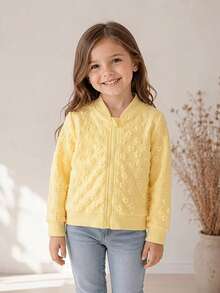 Girls' Casual Fashion Floral Textured Long Sleeve Zip-Up Jacket, Suitable For Daily Casual, Outdoor Activities And School Wear - Yellow - View 11