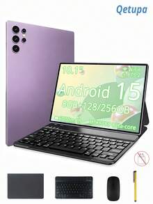 Qetupa 10.1 吋 Android 平板電腦，附保護殼、鍵盤、滑鼠與觸控筆，8GB RAM + 128GB/256GB ROM（支援 1TB 擴充），1280x800 觸控螢幕，5MP 前置鏡頭與 13MP 後置鏡頭，6000mAh 電池（不支援 SIM 卡，不含電源適配器） - 紫色 - 查看 1