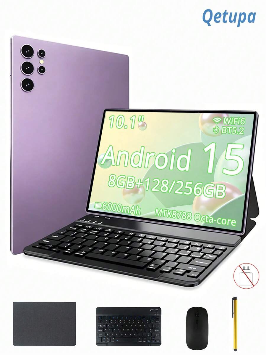 Qetupa 10.1 吋 Android 平板電腦,附保護殼、鍵盤、滑鼠與觸控筆,8GB RAM + 128GB/256GB ROM(支援 1TB 擴充),1280x800 觸控螢幕,5MP 前置鏡頭與 13MP 後置鏡頭,6000mAh 電池(不支援 SIM 卡,不含電源適配器) - 紫色 - 查看 1