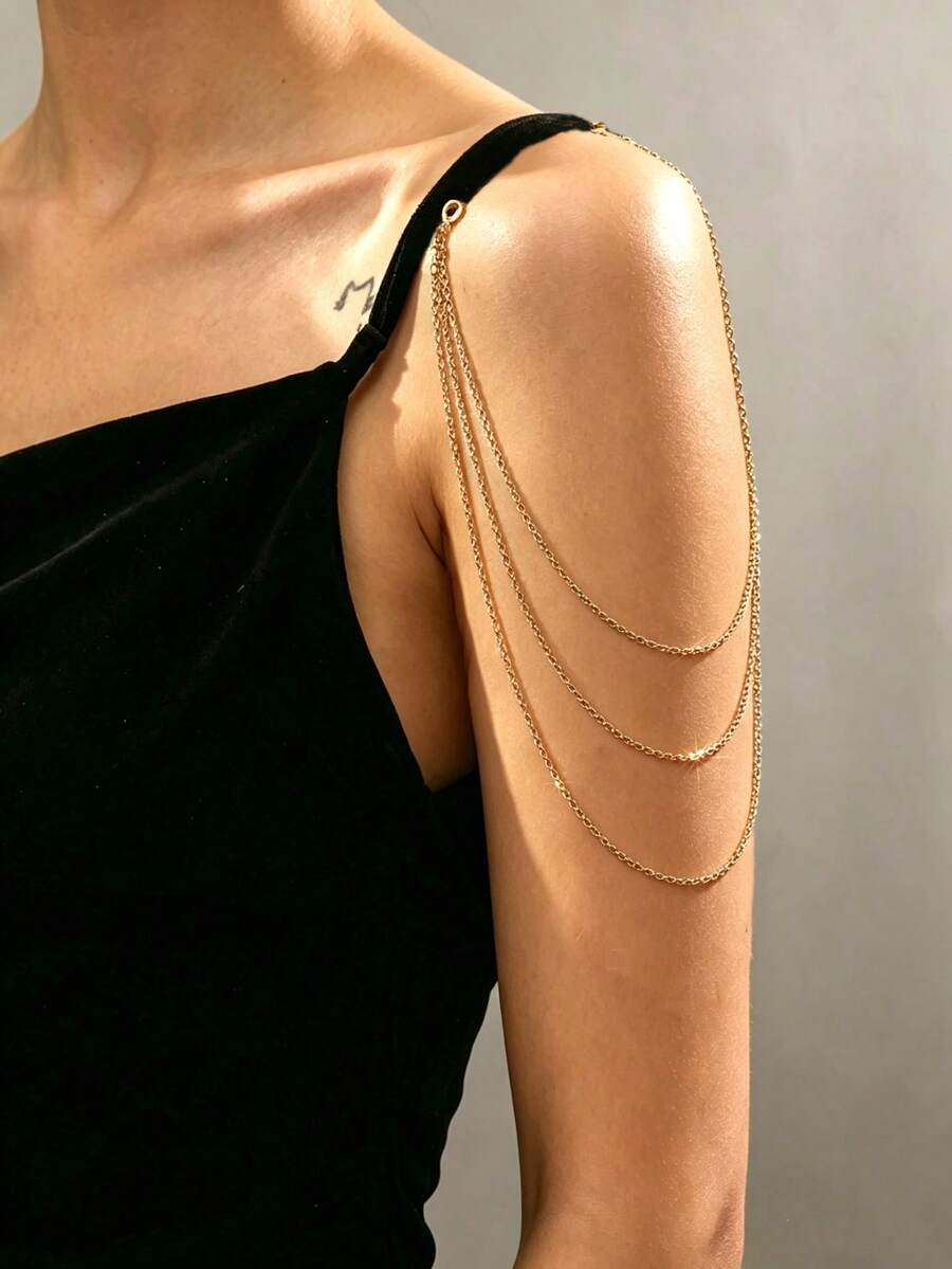 1pc Sexy Charming Tassel Multi-Layer Gold Shoulder Chain For Women, Minimalist Style Gold Color Chain Multi-Layer Shoulder Chain For Girls, Elegant Summer Beach Vacation Party Body Chain For Women, Suitable For Ladies To Wear All Year Round, Perfect Gift For Best Friends And Family - Gold - View 1