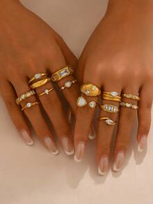 1pc Niche Premium Versatile Square Long Rhinestone Ring, Heart-Shaped Mother Of Pearl Ring, Marquise Zirconia Ring, Thin Pave Ring And More Styles Adjustable Index Finger Ring, Commute Date Elegant Layering Accessory, Exquisite Jewelry Gift For Best Friend And Girlfriend - Yellow Gold - View 2