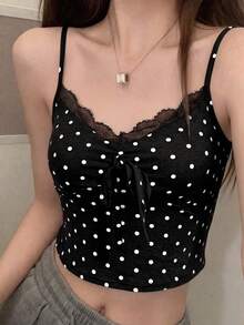 女款波點設計短版細肩帶背心，夏季內搭，修身顯身材，小眾百搭，露背休閒黑色上衣 - 黑色 - 查看 2