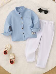 Young Boy Spring/Autumn Solid Color Stand Collar Long Sleeve Shirt & Elastic Waist Long Pants 2pcs Set, Casual Comfortable Versatile Preppy Style - Blue and White - View 2