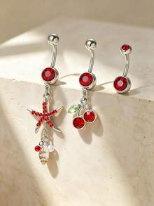 3pcs Red Starfish & Cherry Round Stainless Steel Belly Button Rings, European & American Style Personalized Women's Piercing Jewelry For Daily Wear - 3-piece Set - View 1
