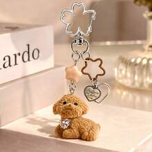 1pc/2pcs Unisex Cartoon Flocked Puppy Pendant With Heart Inlay, Star Beads And Heart English Letter Charm, Creative Couple Keychain Bag Charm - Multicolor - View 3