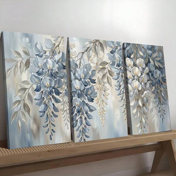 3pcs Modern Blue And White Wisteria Hanging Flower Canvas Wall Art Canvas Poster, Optional Frame, Elegant Flower Living Room Bedroom Entrance, Modern Farmhouse Decoration