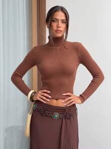 SEREN New Autumn/Winter Brown Turtleneck Women's Sweater, Slim Fit, Solid Color Vertical Ribbed Texture, Casual Top, Suitable For Daily Wear - Coffee Brown - View 5