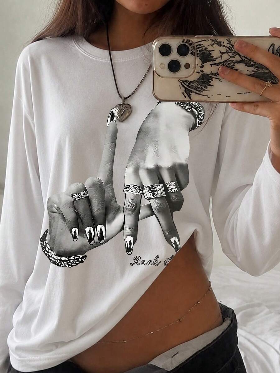 Women's Rock Gesture Graphic Print Crew Neck Long Sleeve T-Shirt, Vintage Street Style Casual Spring/Autumn Base Layer Top White - White - View 1