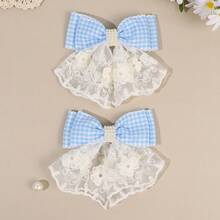 2 pièces pinces à cheveux à nœud en dentelle à carreaux bleus avec décoration de fleur en tulle et grappe de perles, accessoires capillaires doux et mignons pour mariage et usage quotidien pour filles - Multicolore - Voir 9