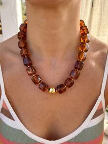 2/1pc Vintage Elegant Fashion Hip Hop Bohemian Vacation Style Maillard Color Palette Brown & Coffee Patchwork Gold Yellow Round Ball Resin Acrylic Irregular Oval Square Beaded Layered Exaggerated Hollow Chain Large Five-Point Star Pendant Necklace Set, Personalized Exaggerated Y2K Layered Y-Chain Sweater Chain, Suitable For Women Summer Beach Vacation Party Music Festival Date Gift Daily Wear Versatile - Brown - View 2