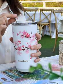 1pc Romantic Cherry Blossom Theme Travel Mug, 20oz Capacity, Suitable For Car Insulated Cup, Suitable For Outdoor Carrying Coffee, Tea And Other Hot Drinks, Convenient To Carry, Enjoy Hot Drinks Anytime - Multicolor - View 3