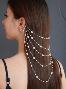 1pc Fashionable Elegant Women's Multi-Layer Pearl Chain Hair Chain Ear Hook Hair Accessory Chain For Party Banquet Hair Decoration Jewelry - Pearl Hair Chain - View 10