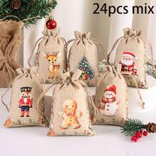 1/6/12/24pcs Festive Christmas Jute Burlap Gift Bags With Drawstring Closure - Watercolor Santa, Snowman, Nutcracker, Gingerbread For Man & Reindeer Designs, Rustic Linen Fabric For Holiday Party Favors, Treat Bags, Jewelry Storage & Xmas Decorations - Multicolor - View 12