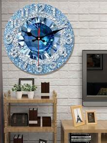 1pc 2D Flat Shiny Blue Crystal Silent Swiss Round Quartz Wooden Wall Clock, Design Pattern Style, Suitable For Decorating Bedroom, Living Room, Office, Kitchen And Coffee Shop, 10/12 Inch (AA Battery Not Included), Perfect Christmas Gift - Multicolor - View 5