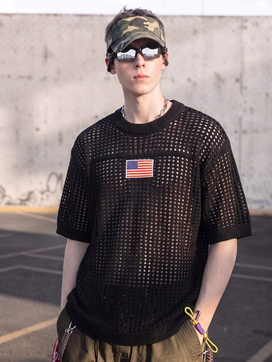BLACKTOEXIT 春夏新款中性短袖寬鬆圓領套頭鏤空純色極簡針織上衣 - 黑色 - 查看 1