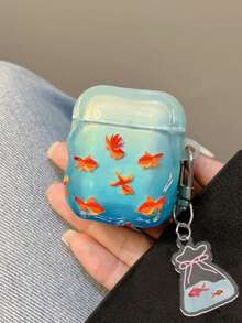 Casing Earphone Motif Ikan Mas Gelembung Lucu dengan Tepi Bergelombang dan Gantungan Kunci Ikan Mas, Casing Pelindung Earphone Bluetooth dengan Liontin, Cocok untuk AirPods Generasi 4/3/2/1, Casing Pelindung Generasi ke-2 Apple Bluetooth Earphone Case 1/2/3 Pro - Biru laut - View 4