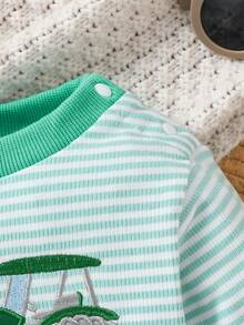 Baby Boy Spring/Autumn Fashion Striped Patchwork Contrast Color Crew Neck Long Sleeve Cute Car Embroidery Romper - Mint Green - View 5