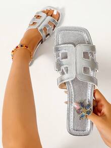 Ximi Ruo Bequeme Damen-Sandalen in breiter Passform mit Strass-Verzierung, koreanischer Stil, lässige flache Hausschuhe, offene Zehenpartie, Sommer-Outdoor-Schuhe, neue gewebte römische Sandalen für Frühling/Sommer, modische französische Damen-Schuhe für Kleider, Strand und Wohnung, braun, flach, lässig, TPU, Outdoor-Sommerschuhe - Silber - Übersicht 3