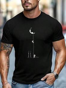 Men's T - Shirt Crew Neck Short Sleeve Astronaut Moon Graphic Casual Daily Tee - 黑色 - 查看 1