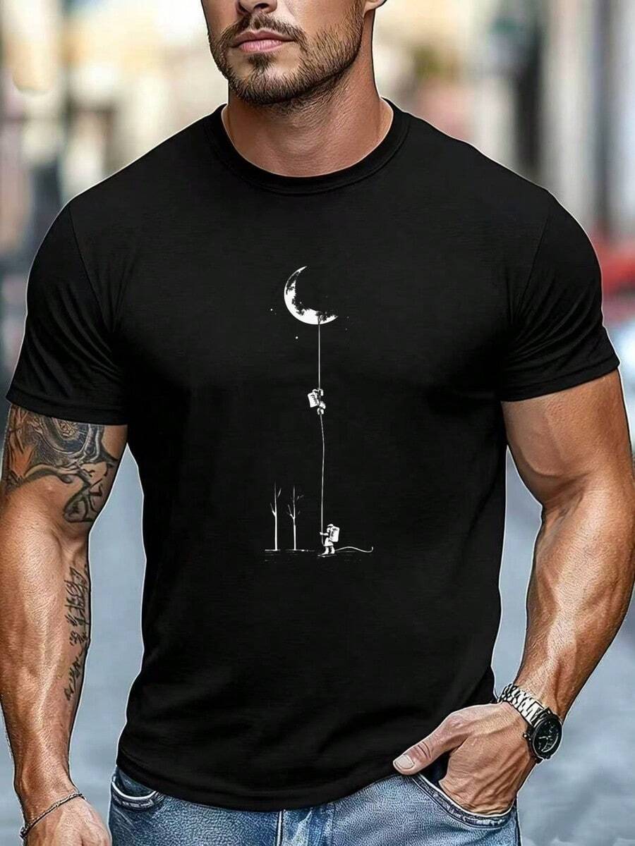 Men's T - Shirt Crew Neck Short Sleeve Astronaut Moon Graphic Casual Daily Tee - 黑色 - 查看 1
