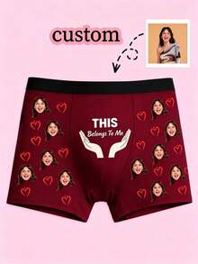 1pc Customized Photo & "This Is Mine" Print Black Polyester Comfortable Fitted Romantic & Unique Valentine's Day Gift & Daily Wear Briefs For Men - Burgundy - View 3