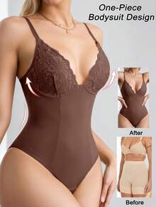 1pc Seamless Lace Deep V-Neck Shaping Bra, Effective Body Shaper Suitable For Weddings And Parties - Brown - View 4