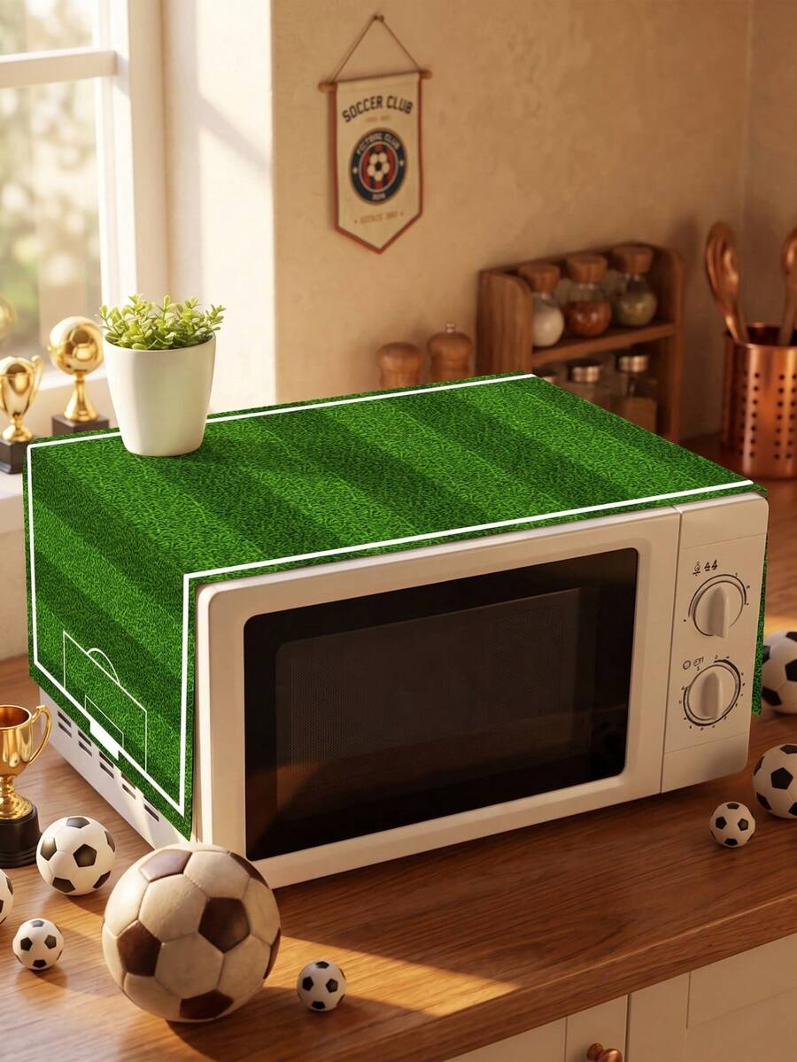 1pc Green Field Pattern Microwave Dust Cover, Football Theme Microwave Cover, Washable Dust Protection Cover, Kitchen Appliance Decor, Home Decor, Kitchen Decor, Household Appliance Decor, Bridal Shower Party Favor, Easy To Clean, Stain-Resistant, Polyester Material, Football Party Decoration