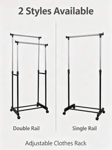 Single/Double Rod Rolling Clothes Rack, Large-Capacity Black Iron Garment Rack, Dimensions 68x40x135 Cm, Equipped With 4 Movable Universal Casters, Mobile Wardrobe Storage Unit, Ideal For Clothing Storage. - Black - View 6