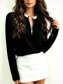 Women's Contrast Color Half-Zip Long Sleeve Top, Simple Round Neck Slim Fit Flattering Black Base Layer, Commuter All-Match Versatile T-Shirt - Black - View 5