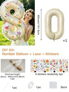 大號米色箔號氣球 0-9，附白色蕾絲飾邊與 DIY 花卉貼紙，適合生日、告白、求婚、週年紀念、婚禮與性別中立派對裝飾，理想的慶祝活動與拍照道具 - 奶油色數字搭配蕾絲絲帶 - 查看 22