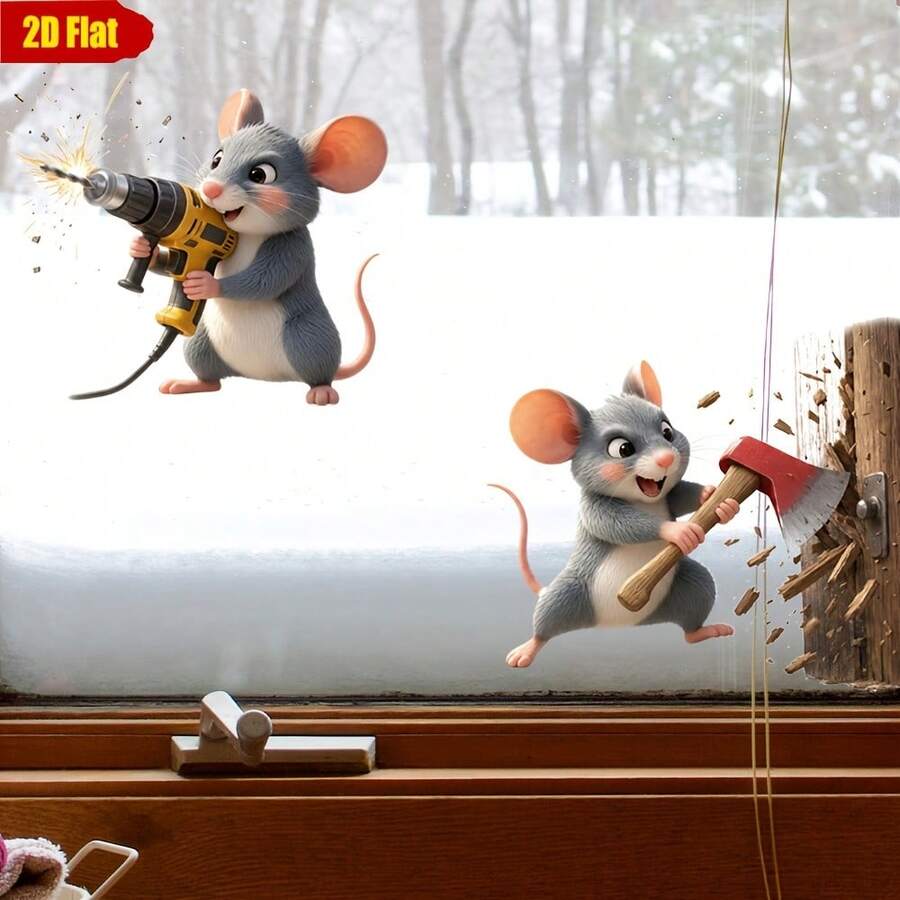 1/3/5pcs Funny Mouse Static Glass Window Cling Sticker, No Glue Removable Decal With Mouse Engage In Sabotage Window Film For Home Living Room Sliding Glass Window Door