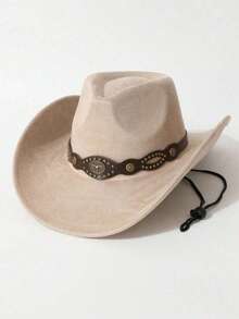 Vintage Suede Cowboy Hat, Unisex, Western Style Wide Brim Rider Hat, With Bronze Long Horn Buckle Strap, Adjustable Windproof Felt Cowboy Hat, Suitable For Horse Riding Festival, Beach Travel And Sun Protection - Suede Eye Gold Bull Head Hat - View 8