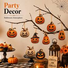 2D Flat Design, 8pcs Halloween Wooden Decorative Signs, Perfect Holiday Gift, Home Wall Decor, Christmas Decoration, Unique Pumpkin Head Shaped Wooden Hanging Ornaments With Hanging Rope, Ready To Use - 8Pcs - View 5