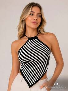 Top Lenço Feminino Tricot Amarração Nas Costas Elegante Listrado Tricô Moda Verão - Azul/Off - Visão 10