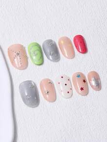 10pcs/Set Handmade Short Oval Press-On Nails, Y2K Style Hand-Painted Silver Rhinestone Line Spiral Floral Pattern Colorful Stars Polka Dots Silver Foil, Includes 1pc Jelly Glue And 1pc Nail File, Suitable For Daily And Party Nail Art - Multicolor - View 3