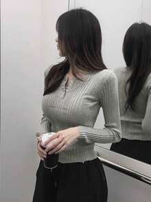 Women's Korean Style Minimalist Button Half-Placket Long Sleeve Knit Sweater - Grey - View 3