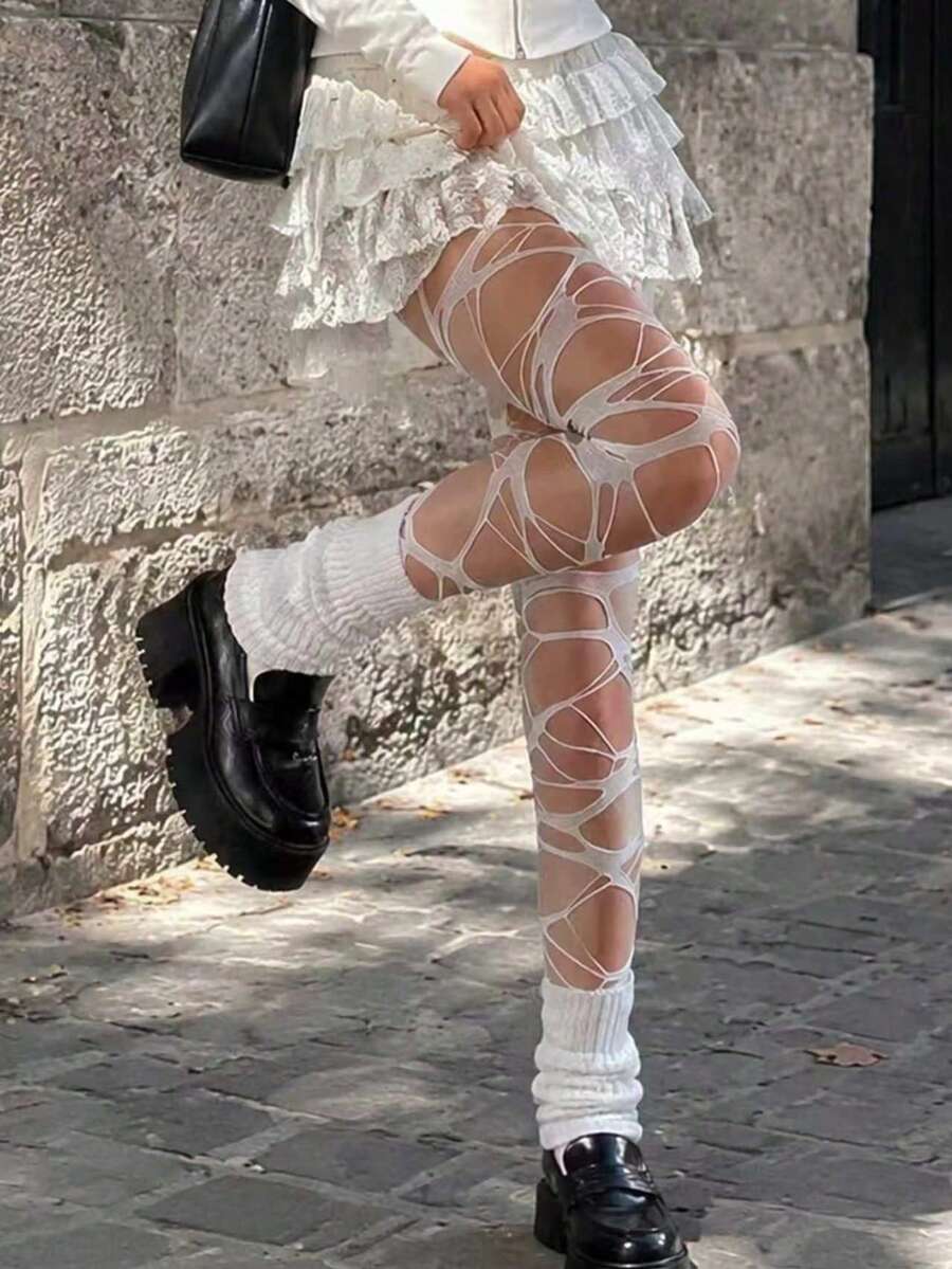 Women's Gothic Distressed Hollow Fishnet Tights, Y2K Rock Style Asymmetrical Ripped Hollow Mesh Sheer Pantyhose, Punk Aesthetic Long Socks - Multicolor - View 1