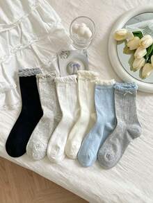 1/6 Pasang Kaos Kaki Krem Model Ruffle dengan Pita, Kaos Kaki Setengah Betis Gaya Jepang Manis untuk Anak Perempuan, Kaos Kaki Serbaguna untuk Sepatu Mary Jane Wanita - MultiWarna - View 3