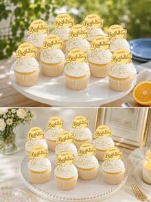 10/20pcs Gold Mirror Acrylic Birthday Cake Toppers, Birthday Party Cake Decoration, Cupcake Dessert Table Decor, Celebration Event Baking Accessories - A - View 6