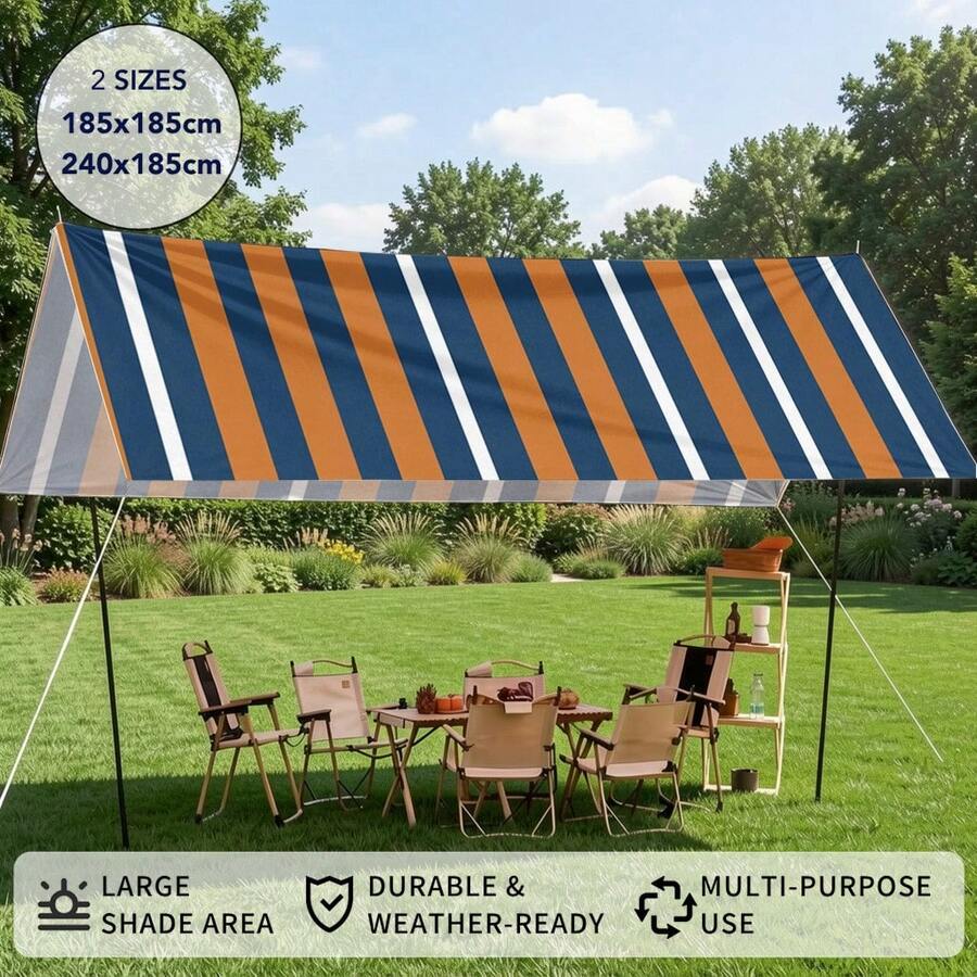 1pc Blue & Orange Striped Nautical Style Large Sun Shade Canopy, UV Protection, Sturdy & Durable, Easy Installation, Suitable For Beach, Garden, Patio, Includes Rope - Multicolor - View 1