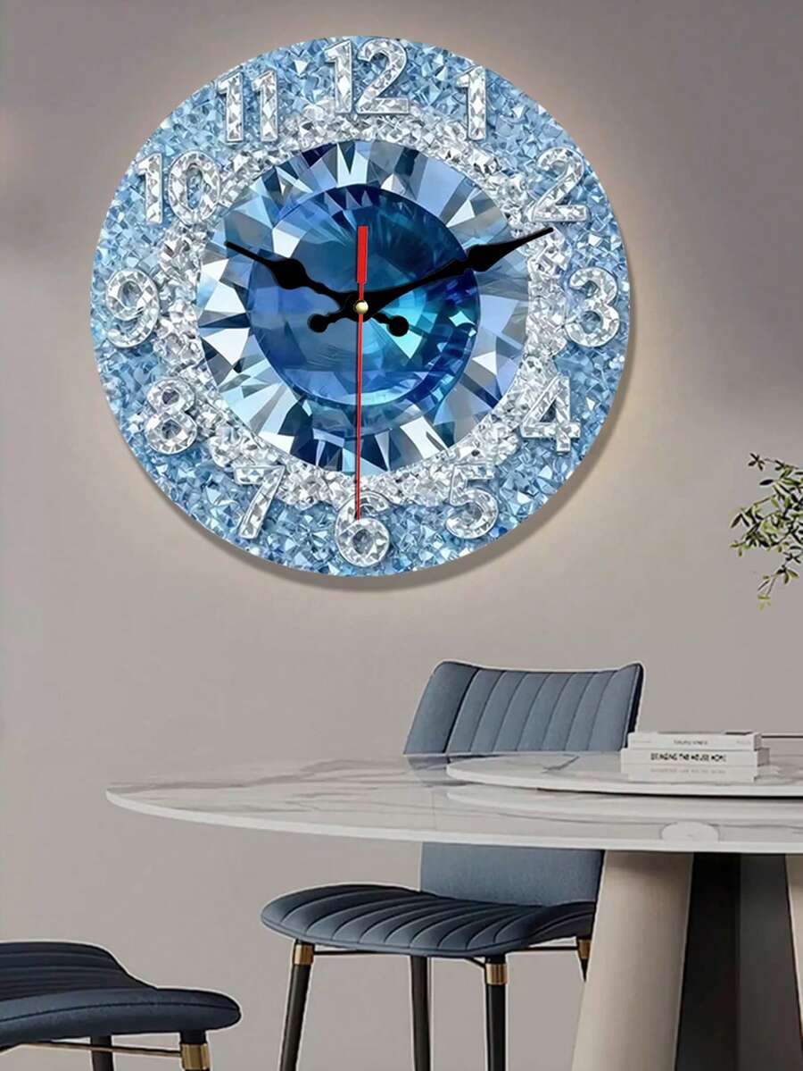 1pc 2D Flat Shiny Blue Crystal Silent Swiss Round Quartz Wooden Wall Clock, Design Pattern Style, Suitable For Decorating Bedroom, Living Room, Office, Kitchen And Coffee Shop, 10/12 Inch (AA Battery Not Included), Perfect Christmas Gift - Multicolor - View 1