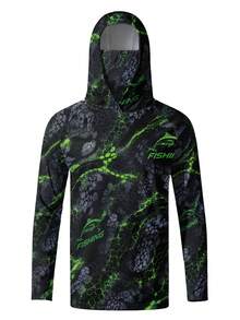 Men's Fishing Hoodie Long Sleeve Shirt, Green & Black Fish Pattern Print Pullover, Outdoor Fishing Style Top - Multicolor - View 3