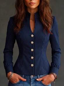 Women's Vintage Pinstripe Long Sleeve Shirt, Button Detail Design, Regular Fit Woven Fabric, Winter Essential - Navy Blue - View 2
