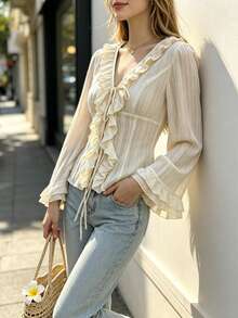 Blus Wanita Elegan Romantis Vintage Fashion untuk Perjalanan, Bergaris, Bertekstur Chiffon Jacquard Tulle, Leher V, Plaket Berkerut, Lengan Panjang, Gaya Bohemian yang Mengalir, Atasan Serbaguna Sempurna untuk Musim Semi dan Gugur - Aprikot - View 6