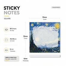 2 Packs 100 Sheets Van Gogh Starry Night Sticky Notes, Vintage Landscape Oil Painting Style Self-Adhesive Blank Memo Pads, Desktop Reminder Notes, Office School Home Stationery Supplies - 75 X 75 mm - View 2