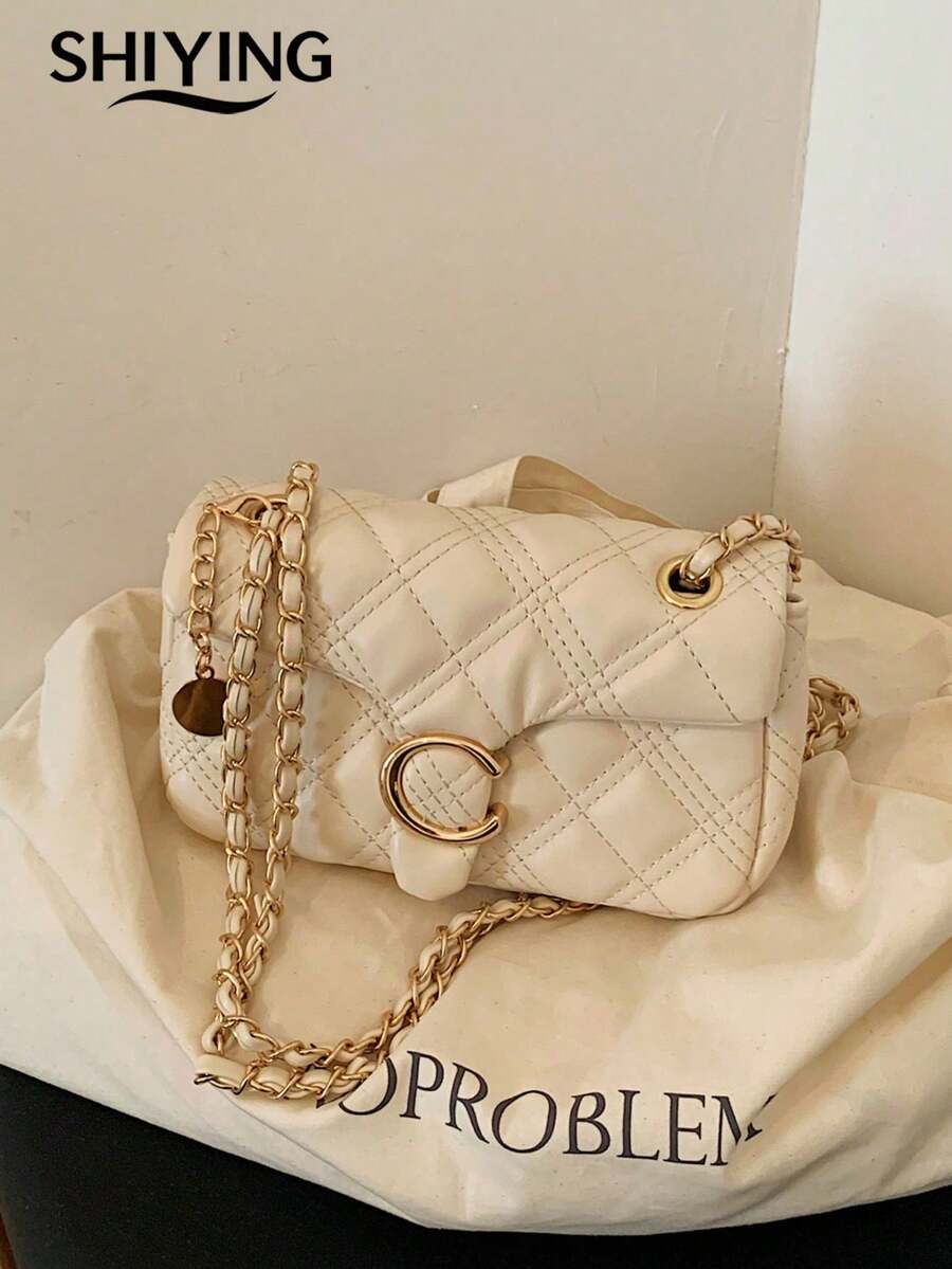 1 buah Tas Wanita Baru dari Kulit PU Warna Polos, Tas Bahu, Tas Selempang, Tas Rantai Persegi Berquilting yang Modis, Cocok untuk Bepergian, Berbelanja, dan Kencan
