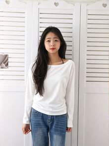 Women's Fashion Off-Shoulder Long Sleeve T-Shirt, High Elasticity Polyester Fabric, Autumn Essential, Suitable For Daily Wear White Casual - White - View 9