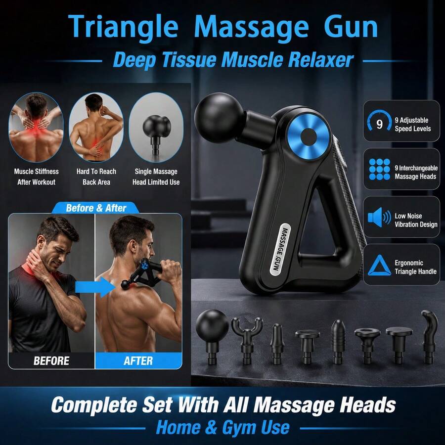 Alat Pijat Fascia Segitiga, Pijat Jaringan Dalam dengan 9 Kecepatan yang Dapat Diatur dan 9 Kepala Pijat yang Dapat Diganti, Relaksasi Otot Elektrik dengan Suara Rendah, Pegangan Ergonomis untuk Olahraga di Gym, Kantor, dan Latihan